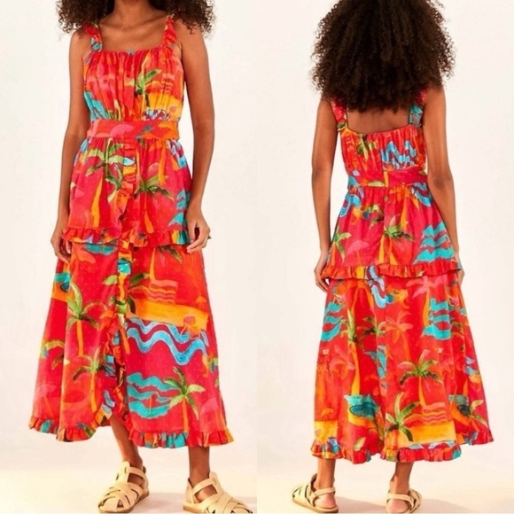 NWT FARM RIO Ipanema Ruffled Tropical Printed Midi Red Dress Sz M - Picture 2 of 6
